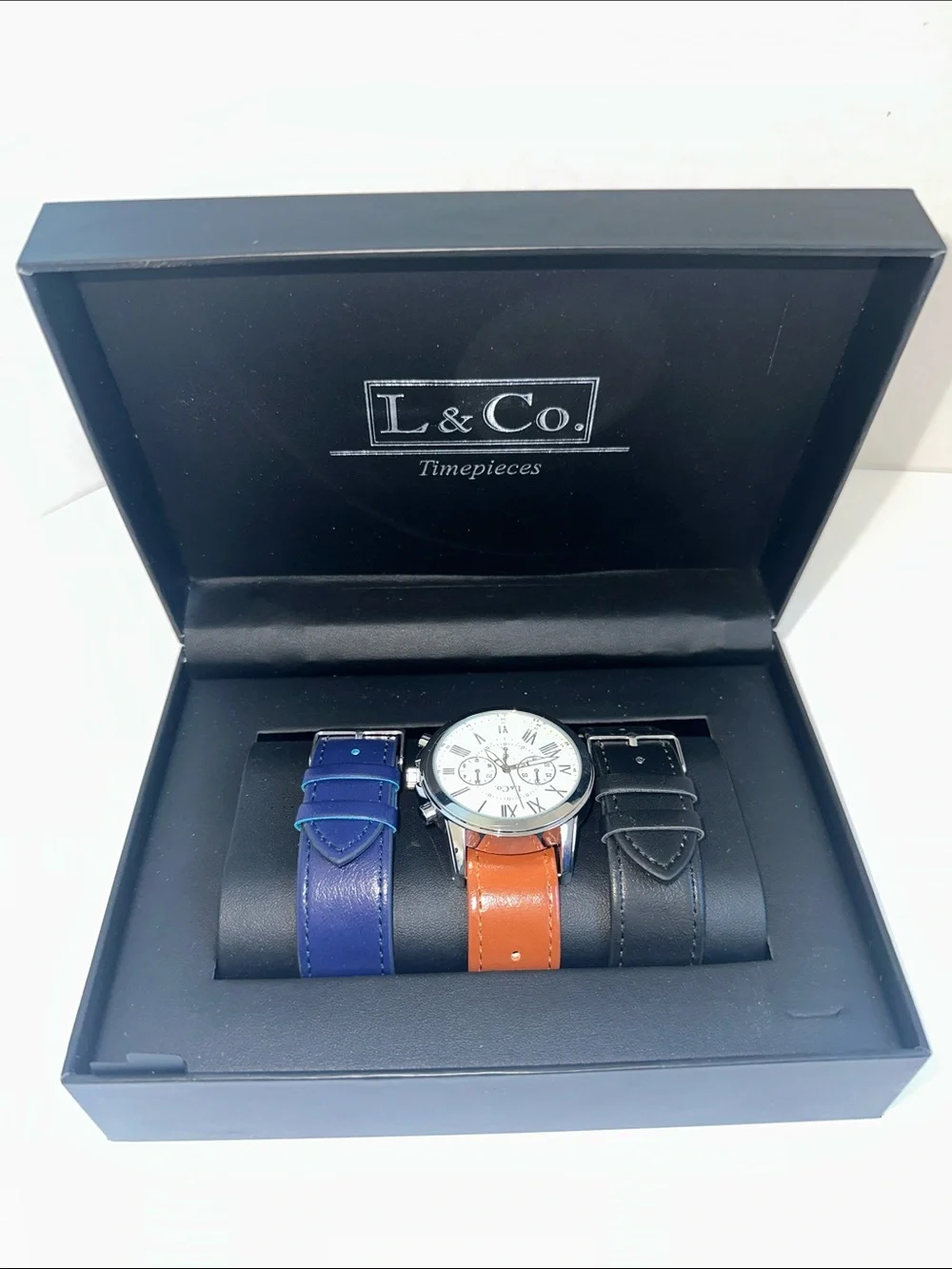 L & Co. Timepieces, Men's Black Watch Gift Box, featuring 3 band options